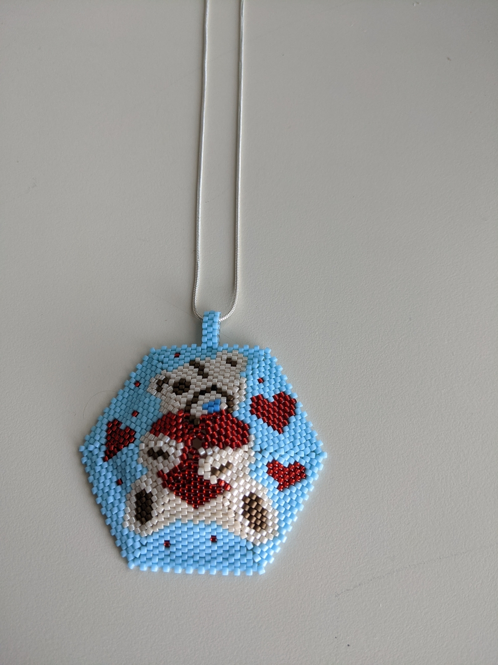 Handmade Light Blue Bear Beaded Pendant Necklace